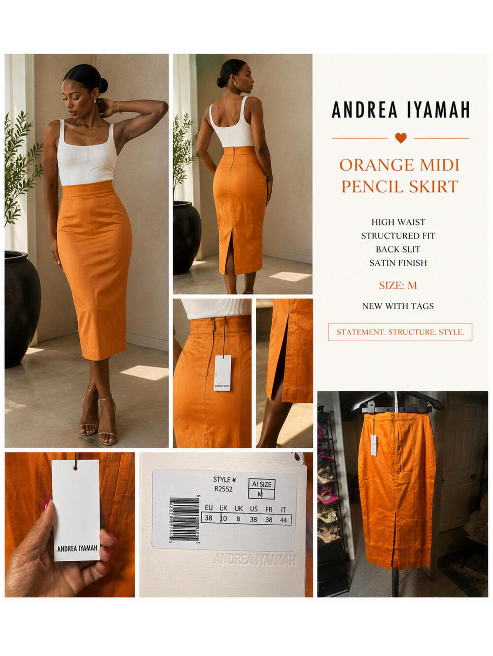 Andrea Iyamah Orange Satin Midi Pencil Skirt Size M High Waist Structured NWT